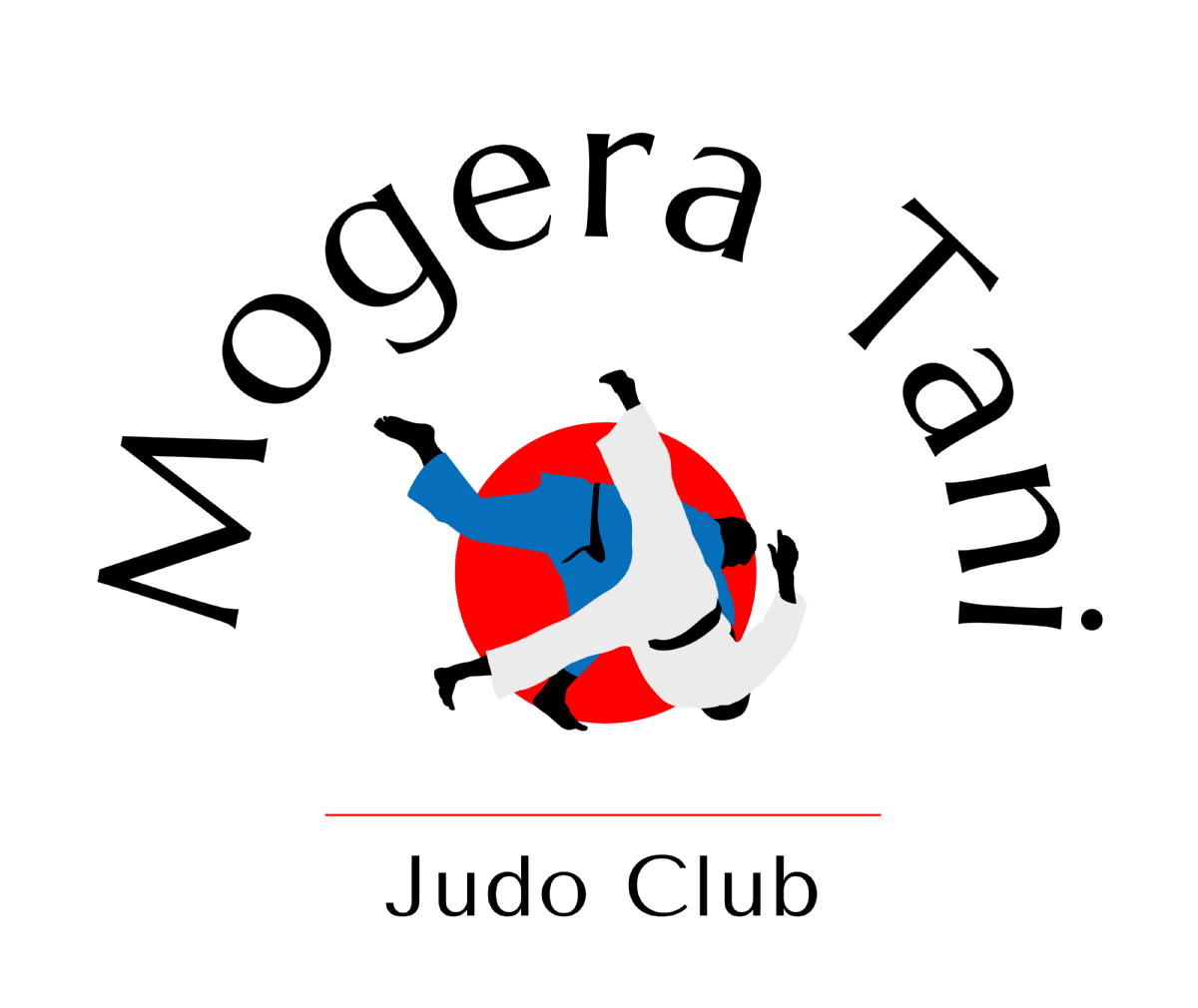 Mogera Tani Judo Club logo, image of one judo player in dark blue judogi throwing a judoka in a white judogi