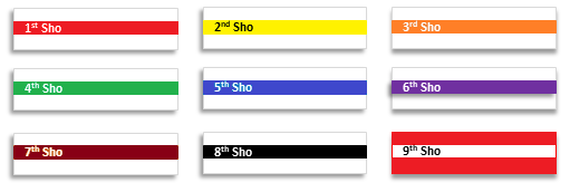 Image of 9 Sho grade Obi (belts) each belt contains a horizontal stripe. 1st Sho grade which is a white belt with red stripe, 2nd Sho is White belt with Yellow Stripe, 3rd Sho Is White belt Orange Stripe, rth Sho is White belt with Green Stripe, 5th So is Whilte Belt with Blue Stripe,  6 Sho is white belt with purple Stripe, 7 Sho is White belt with Brown Stripe, 8th Sho is White belt with Black Stripe, 9th Sho is Red belt with White stripe